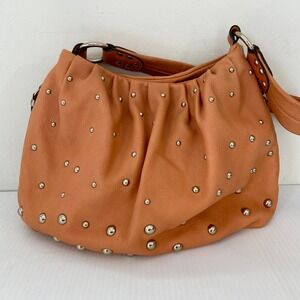 B Makowsky Orange Leather Silver Stud Shoulder Bag